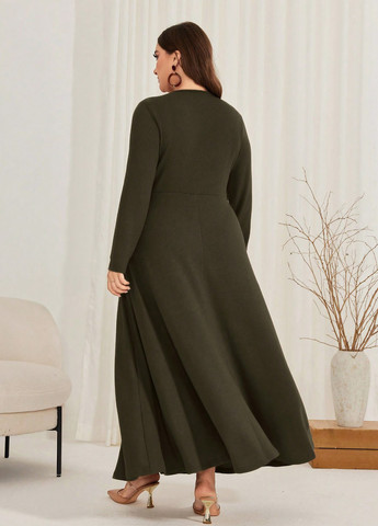 Оливковое (хаки) кэжуал платье а-силуэт SHEIN однотонное