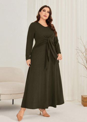 Оливковое (хаки) кэжуал платье а-силуэт SHEIN однотонное