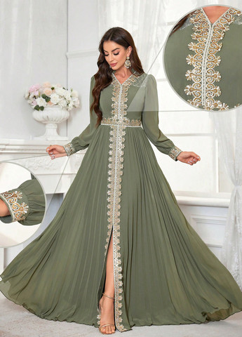 Оливковое праздничный платье а-силуэт SHEIN однотонное