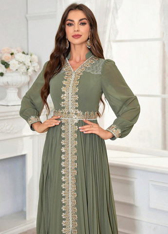 Оливковое праздничный платье а-силуэт SHEIN однотонное