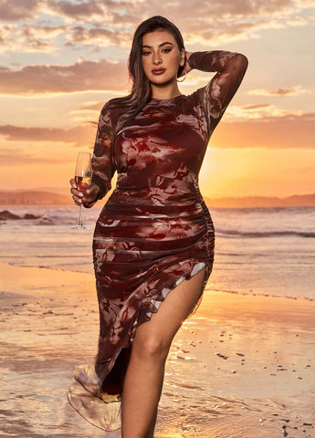 Коричнева кежуал сукня силуетна SHEIN з абстрактним візерунком