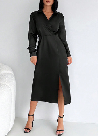 Черное кэжуал, коктейльное, деловое платье рубашка SHEIN однотонное