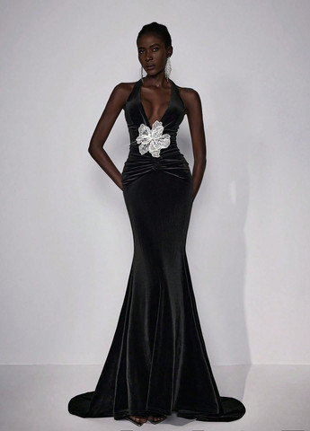 Черное вечернее платье годе SHEIN однотонное