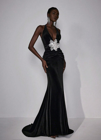 Черное вечернее платье годе SHEIN однотонное