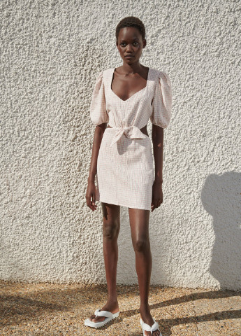 Бежевое повседневный платье из льна с вырезами Zara в полоску