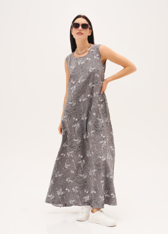 Сіра повсякденний сукня а-силует ISSA PLUS з квітковим принтом