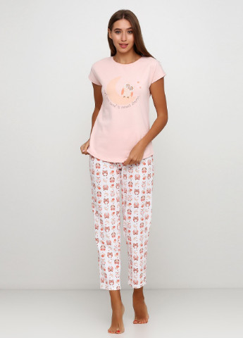 Пудровая пижама хлопковая сова s футболка + брюки JULIA