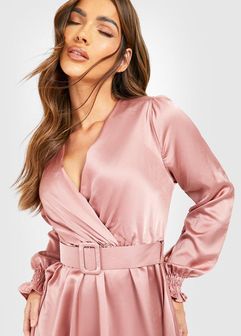 Рожево-коричнева коктейльна сукня на запах, кльош Boohoo однотонна