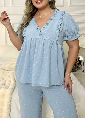 Голубая всесезон пижама (топ, брюки) топ + брюки SHEIN