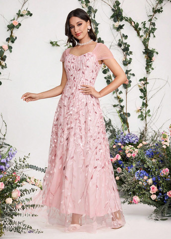 Світло-рожева вечірня сукня кльош SHEIN з малюнком