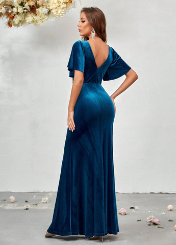 Синее вечернее платье годе, с открытой спиной SHEIN однотонное