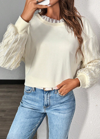 Кремовый свитшот SHEIN однотонный кружево (332709332)