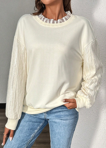 Кремовый свитшот SHEIN однотонный кружево (332709332)