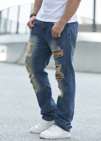 Синие демисезонные зауженные джинсы SHEIN