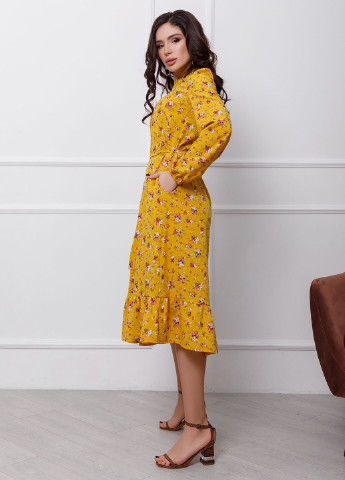 Горчичное деловое платья ISSA PLUS с цветочным принтом