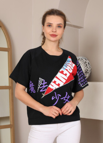 Черная всесезон футболка женская черная оверсайз с надписями с коротким рукавом MDG Свободная