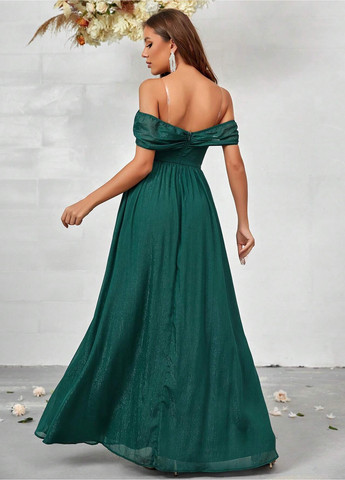 Зеленое вечернее платье с открытыми плечами, клеш SHEIN однотонное