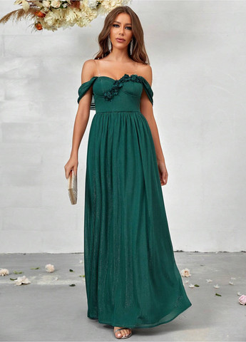 Зеленое вечернее платье с открытыми плечами, клеш SHEIN однотонное