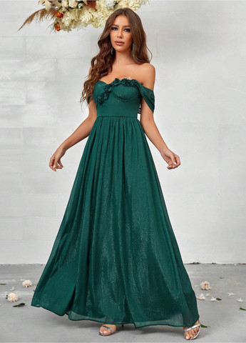 Зеленое вечернее платье с открытыми плечами, клеш SHEIN однотонное