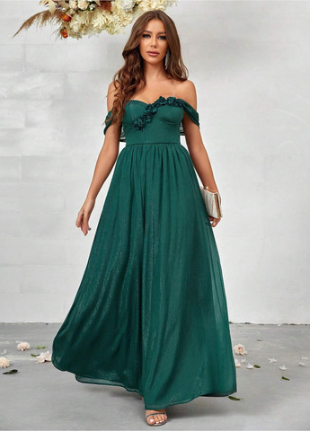 Зеленое вечернее платье с открытыми плечами, клеш SHEIN однотонное