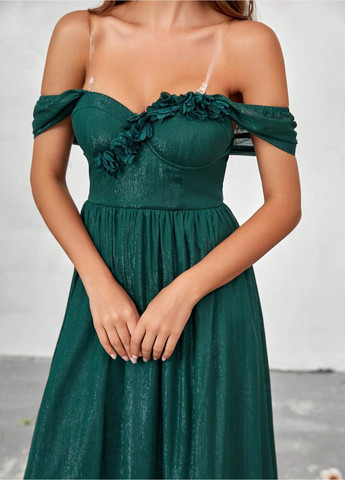 Зеленое вечернее платье с открытыми плечами, клеш SHEIN однотонное