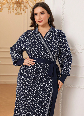 Темно-синя кежуал сукня на запах SHEIN з геометричним візерунком