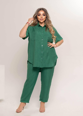Женский льняной костюм рубашка и брюки зеленого цвета р.48/52 359211 New Trend (256454312)