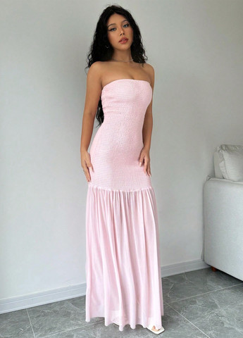Светло-розовое вечернее, кэжуал платье бандо, с открытыми плечами SHEIN однотонное
