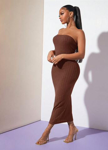 Кавова кежуал сукня силуетна, бандо, з відкритою спиною, з відкритими плечима SHEIN однотонна