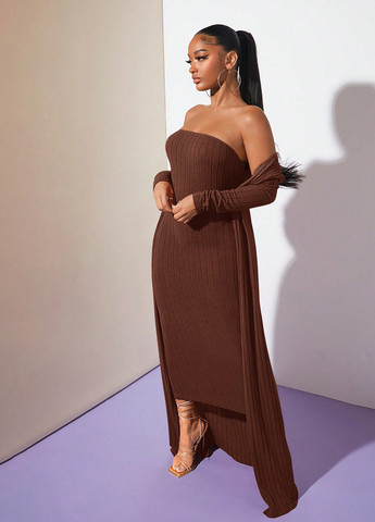 Кавова кежуал сукня силуетна, бандо, з відкритою спиною, з відкритими плечима SHEIN однотонна