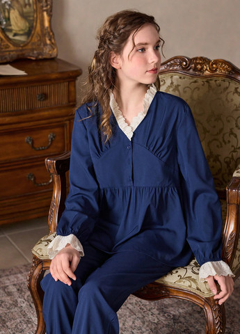 Темно-синя всесезон піжама (сорочка, штани) світшот + брюки SHEIN