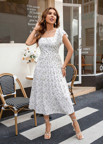 Білий кежуал сукня плісована, кльош SHEIN з квітковим принтом