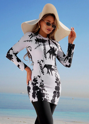 Черно-белый летний купальник (лонгслив, брюки) буркини, раздельный SHEIN