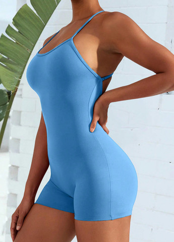 Комбінезон SHEIN комбінезон-шорти однотонний блакитний спортивний, кежуал поліестер, трикотаж