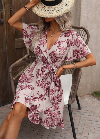 Світло-бежева кежуал сукня на запах SHEIN з квітковим принтом