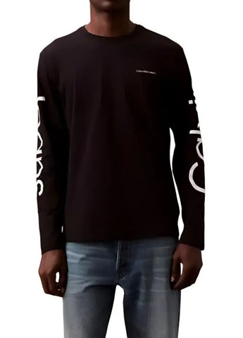 Лонгслів Calvin Klein логотип чорний кежуали бавовна, трикотаж