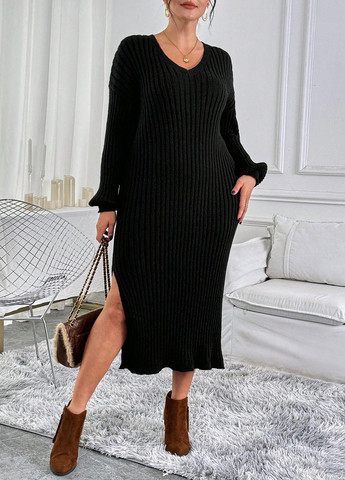 Черное кэжуал платье платье-свитер SHEIN однотонное