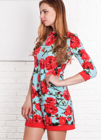 Бирюзовое кэжуал платье трапеция с рукавом 3/4 а-силуэт ITSMINE розы