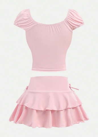 Розовый летний костюм (топ, юбка-шорты) SHEIN