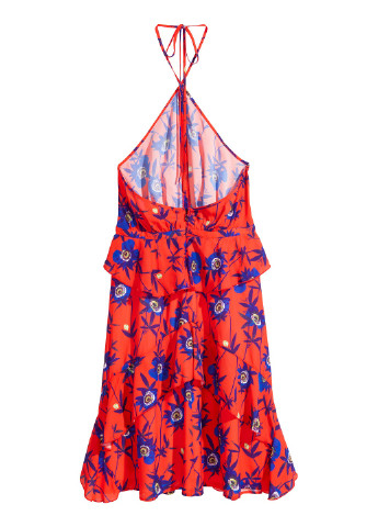 Красное кэжуал платье клеш, с открытой спиной H&M с цветочным принтом