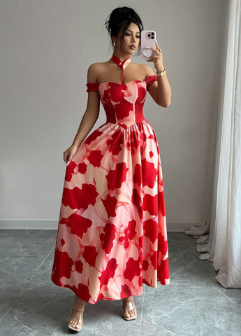 Комбінована святковий, кежуал сукня з відкритими плечима SHEIN з квітковим принтом