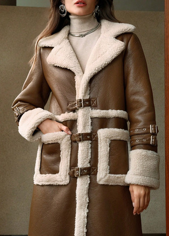 Коричневое зимнее Пальто однобортное SHEIN