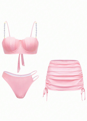 Рожевий літній комплект (ліф, трусики, спідниця) балконет, роздільний SHEIN