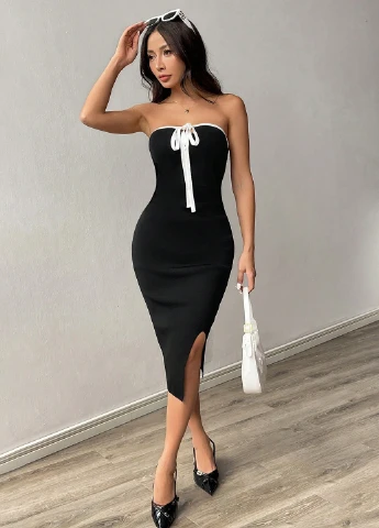 Черное кэжуал платье бандо SHEIN однотонное