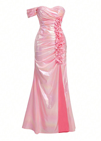 Розовое вечернее платье годе, на одно плечо SHEIN однотонное