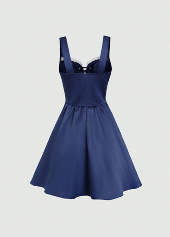 Темно-синя вечірня, коктейльна, кежуал сукня з спідницею-сонце SHEIN однотонна