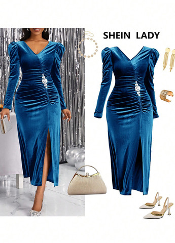 Бирюзовое вечернее платье а-силуэт SHEIN однотонное