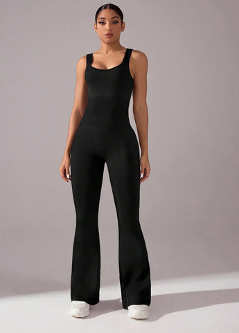 Комбинезон SHEIN комбинезон-брюки однотонный чёрный спортивный полиамид, трикотаж