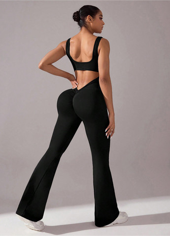 Комбинезон SHEIN комбинезон-брюки однотонный чёрный спортивный полиамид, трикотаж