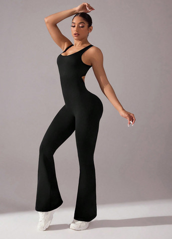 Комбинезон SHEIN комбинезон-брюки однотонный чёрный спортивный полиамид, трикотаж